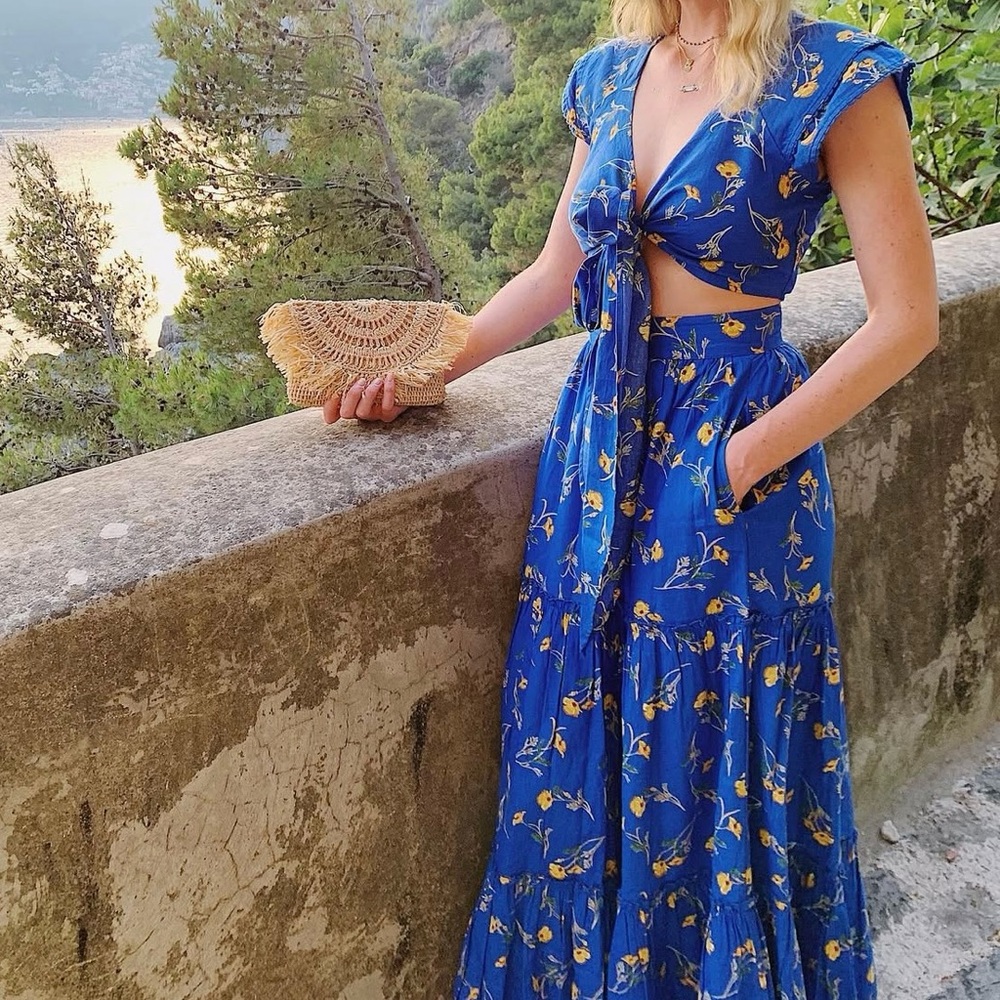 Blue Floral Top and Skirt Set